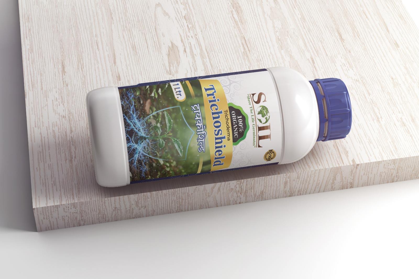 SOIL Trichoshield bottle on wood surface