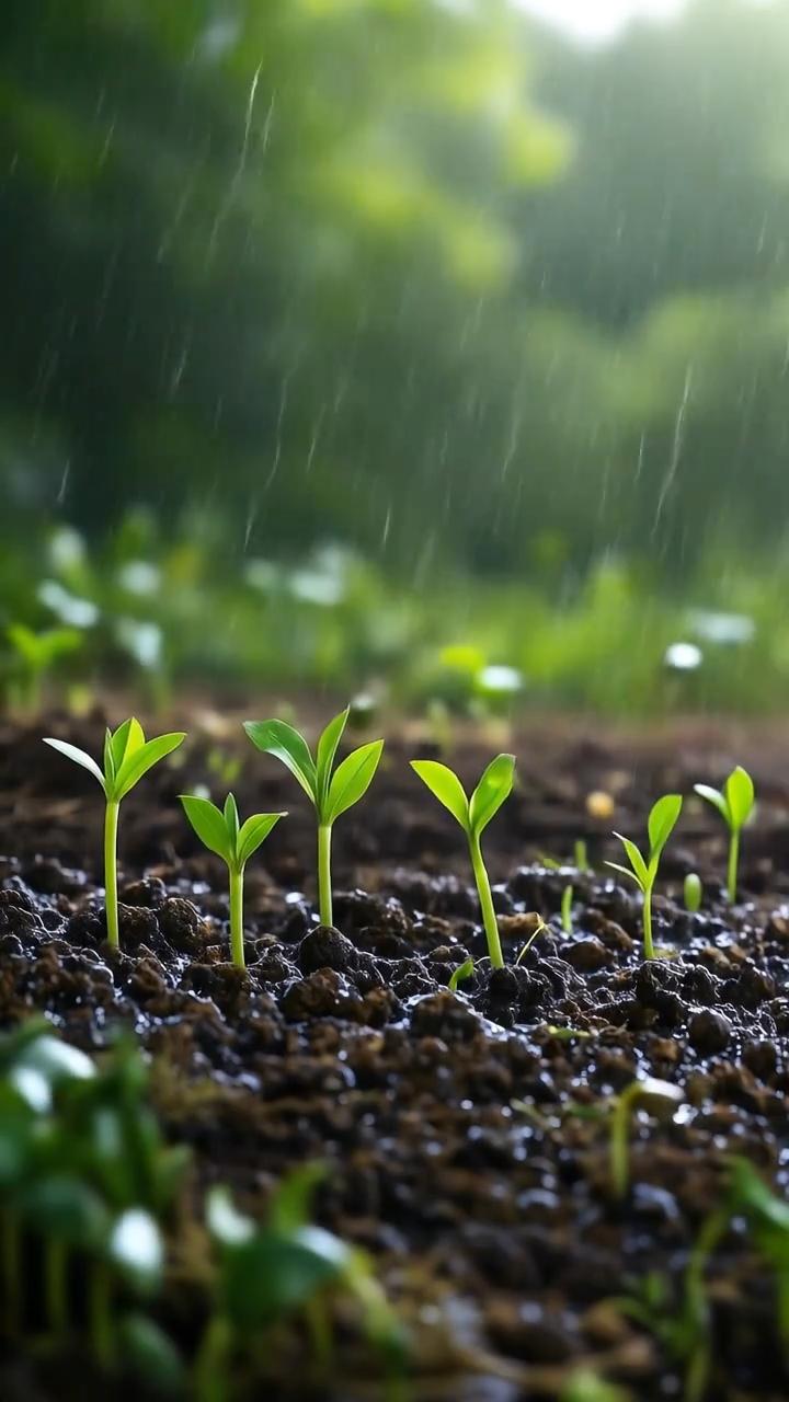 Young seedlings growing in rain