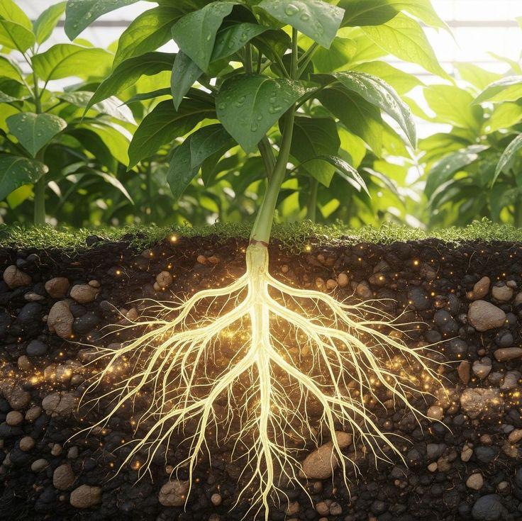 Glowing healthy plant roots